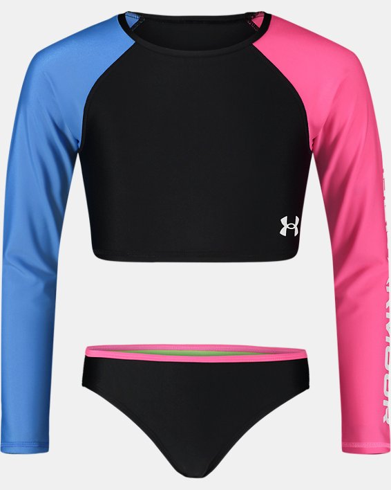 Girls' Pre-School UA Long Sleeve Cropped Rash Guard & Bikini Bottom Set, Black, pdpMainDesktop image number 0